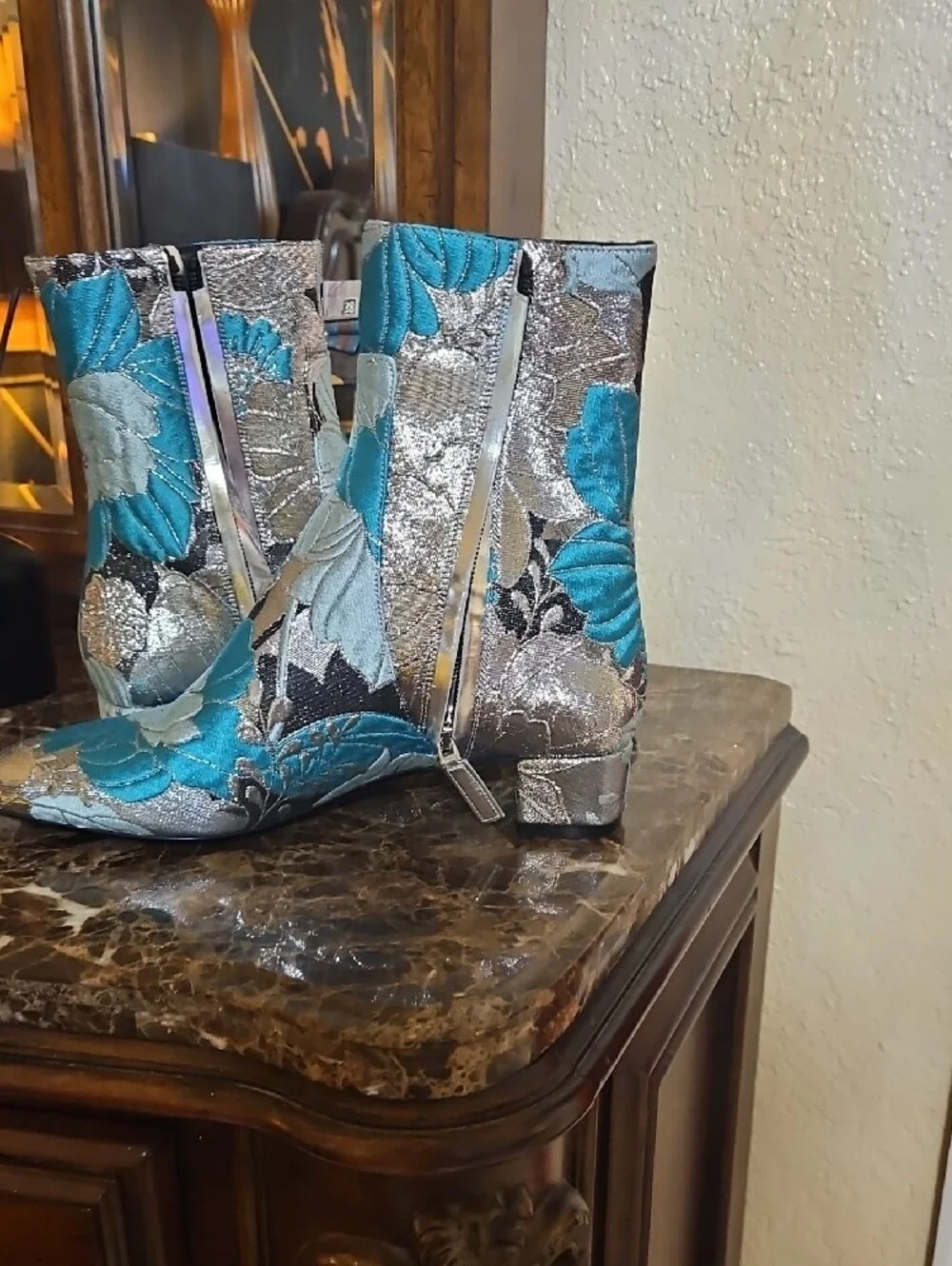 Metallic Floral Ankle Boots in Teal & Silver - Women